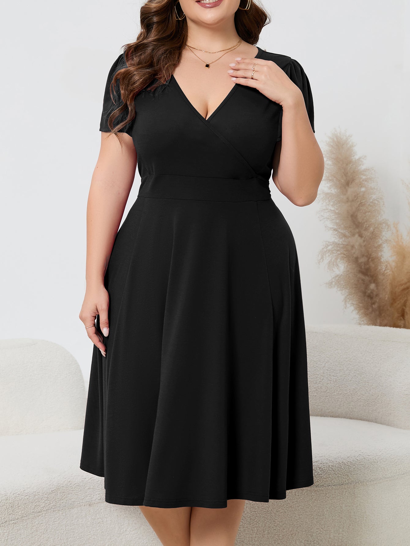 Women's Plus Size Solid Deep V-Neck Slim Waist Short Sleeve A-Line Elegant Dress