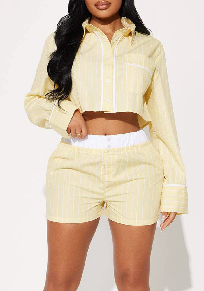 Women Summer Casual Long-Sleeve Turndown Collar Top and Shorts Two-Piece Set