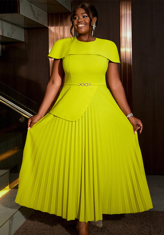 Plus Size Cape Sleeve Elegant Pleated Cocktail Dress