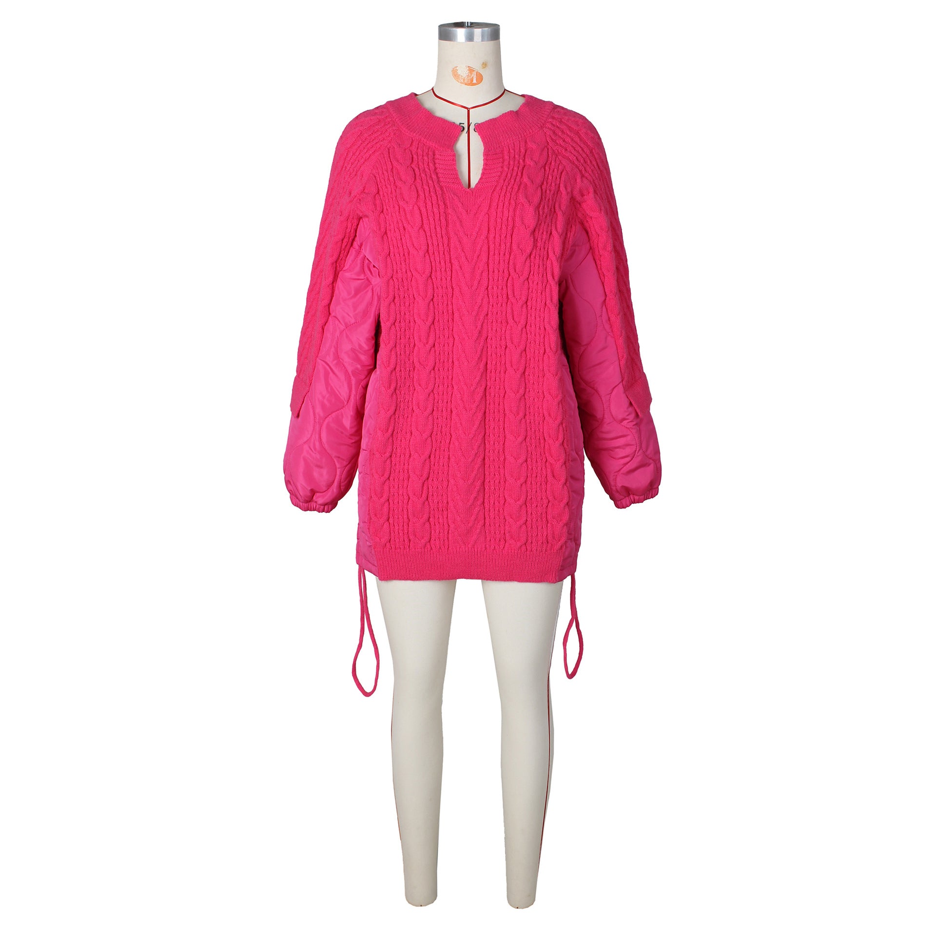 Autumn And Winter Women's Casual Loose Cotton Padded Patchwork Knitting Drawstring Sweater Dress 14