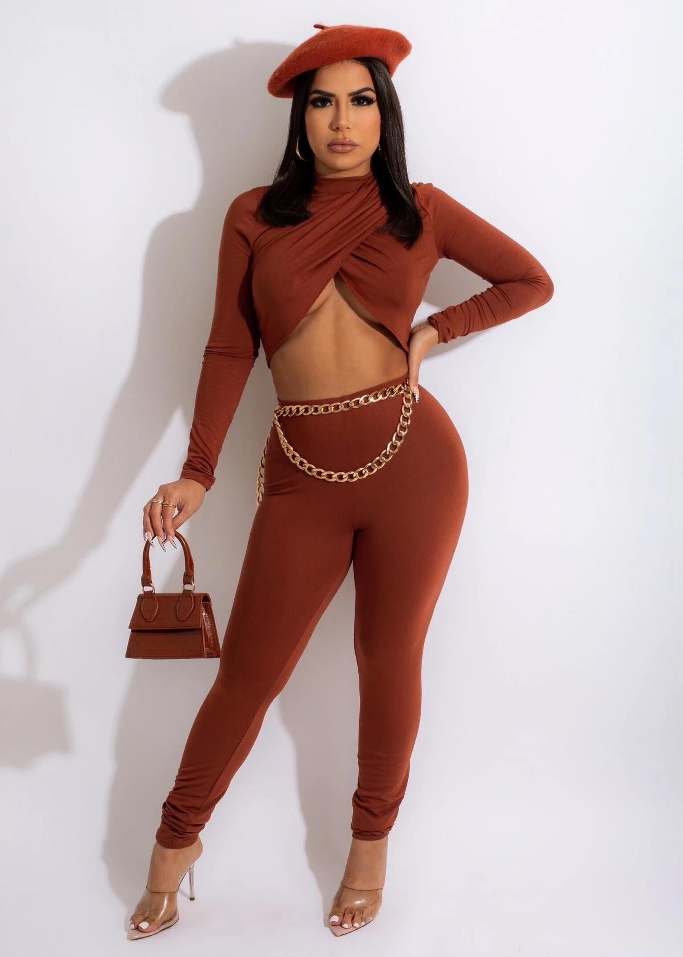 Women Crop Cross Pleated Long Sleeve Top and Pants Two Piece Set 3