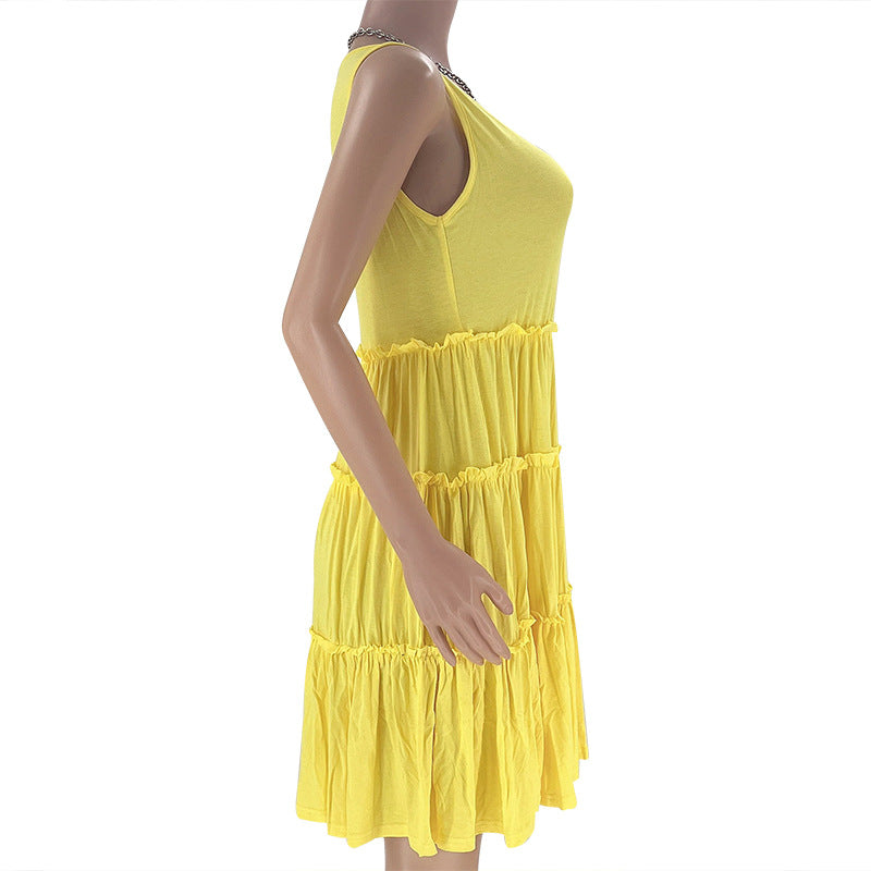 Summer Solid Round Neck Sleeveless Casual Women's Fashion Pleated Casual Dress 34