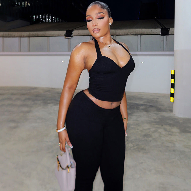 Women spring/summer Halter Neck drawstring strapless backless top and bow pants solid two-piece set 6