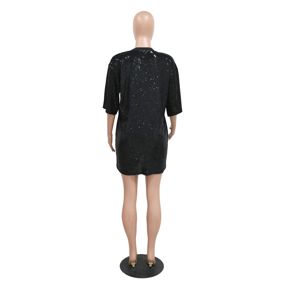 Women Round Neck Half-Sleeve Loose Sequin Print Dress 15