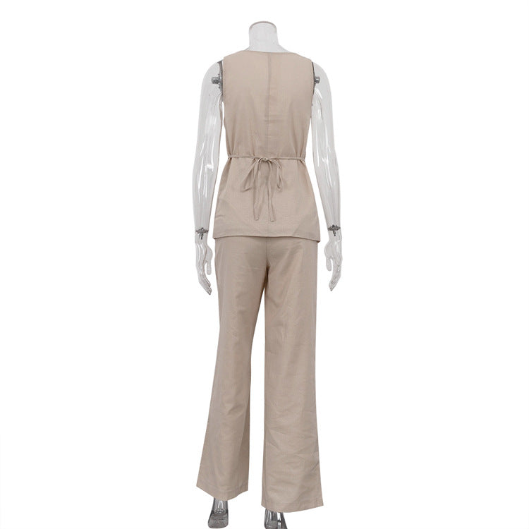 Women Career Sleeveless square neck tie vest vest wide leg pants two-piece set 7
