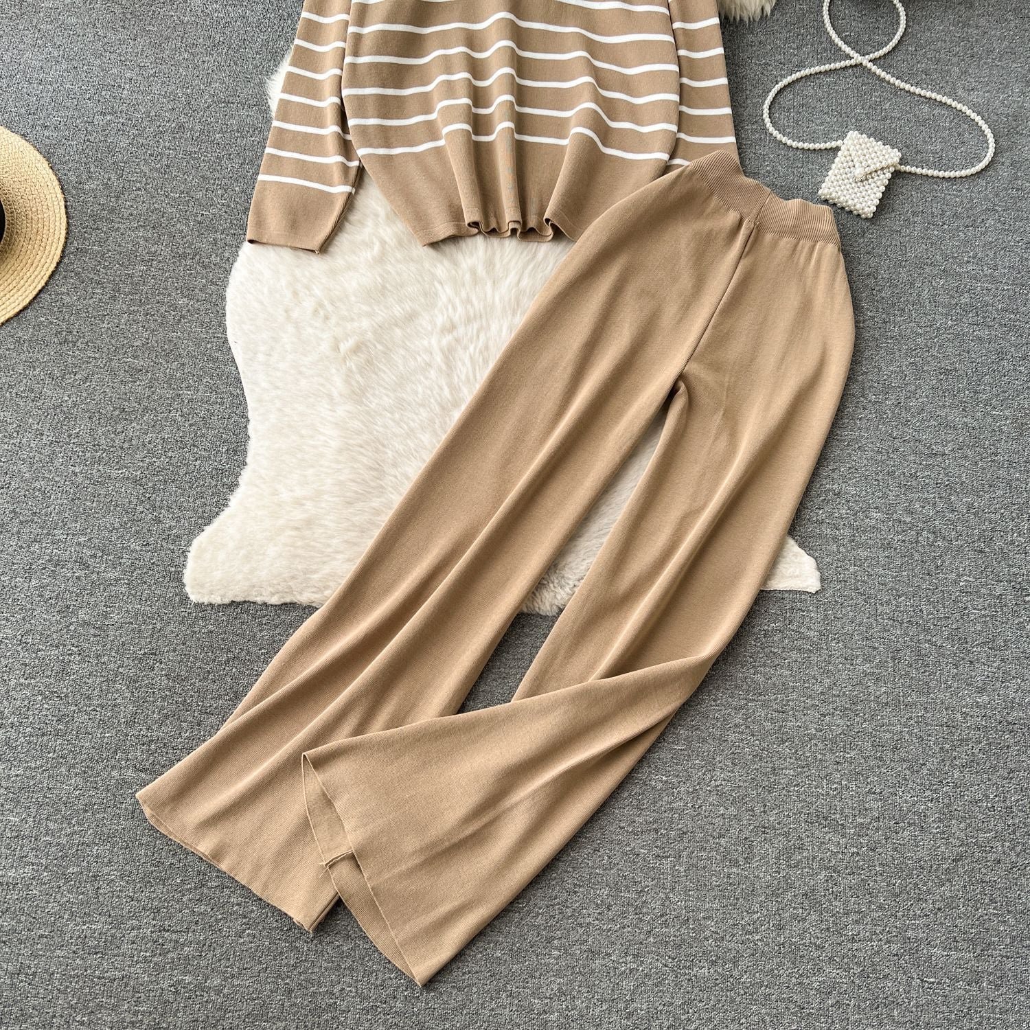 Women Casual V Neck Striped Knitting Top and Pants Two-piece Set 28