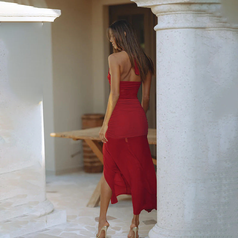 Women's Chic Mesh Patchwork Gathered Slit Dress 4