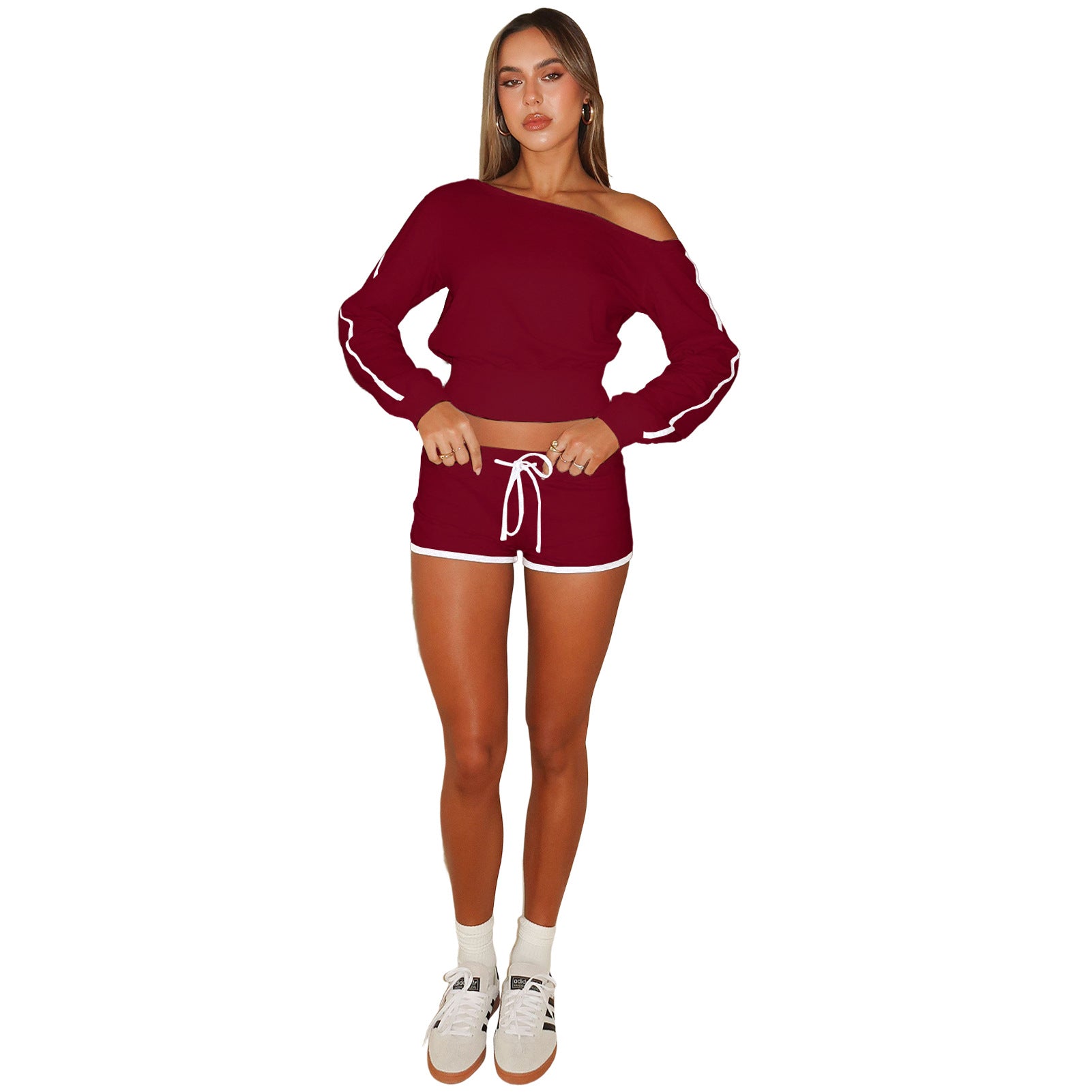 Women's Casual Slash Shoulder Long Sleeve Top Drawstring Shorts Two-Piece Set 40