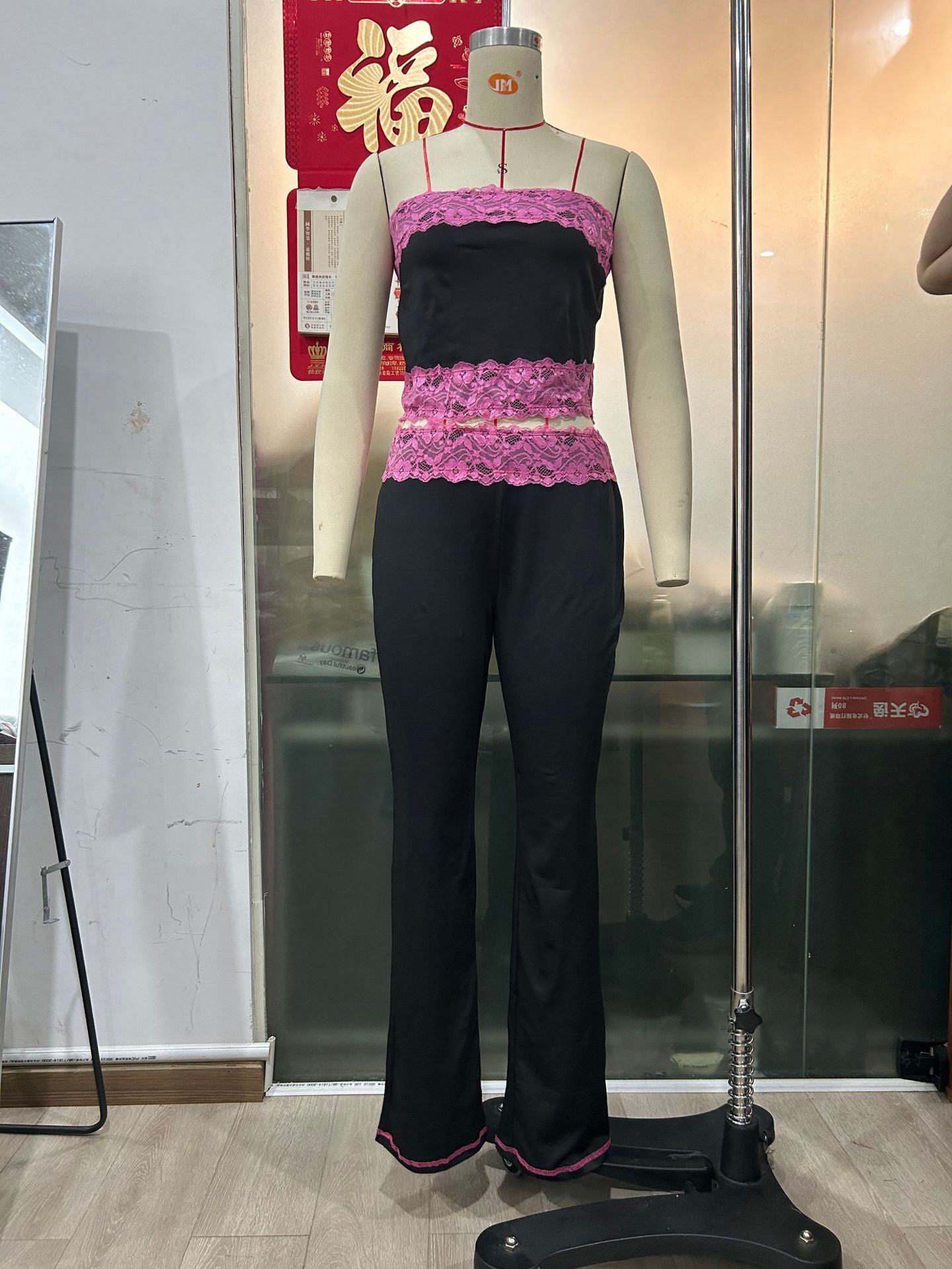 Summer Casual Lace Patchwork Strapless Crop Top and Bell Bottom Pants Set 6