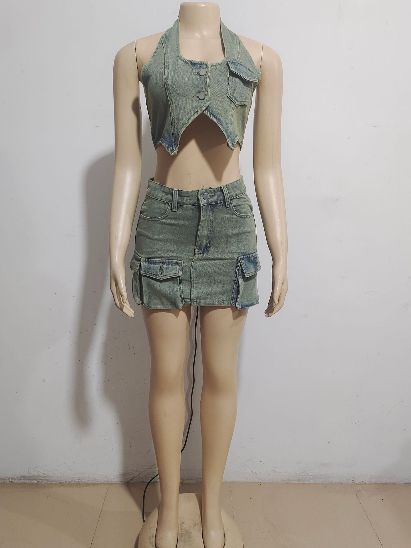 Women suspenders Top and pocket Denim Skirt two-piece set 6