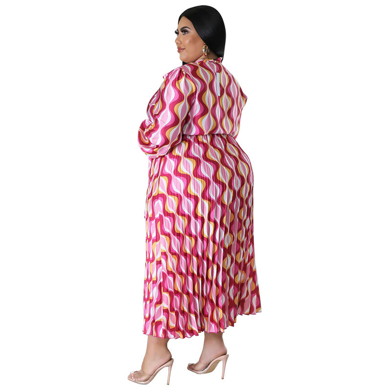 Plus Size Women Lace-Up Long Sleeve Printed Pleated Dress 40