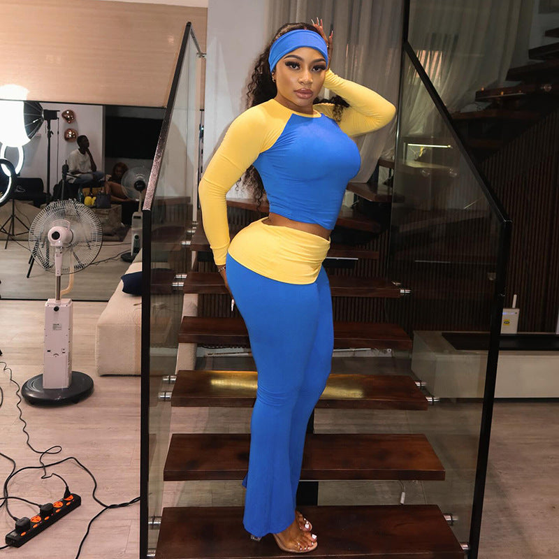 Women Contrast Raglan Long Sleeve Top and Folded Flared Trousers Two-Piece Set 13