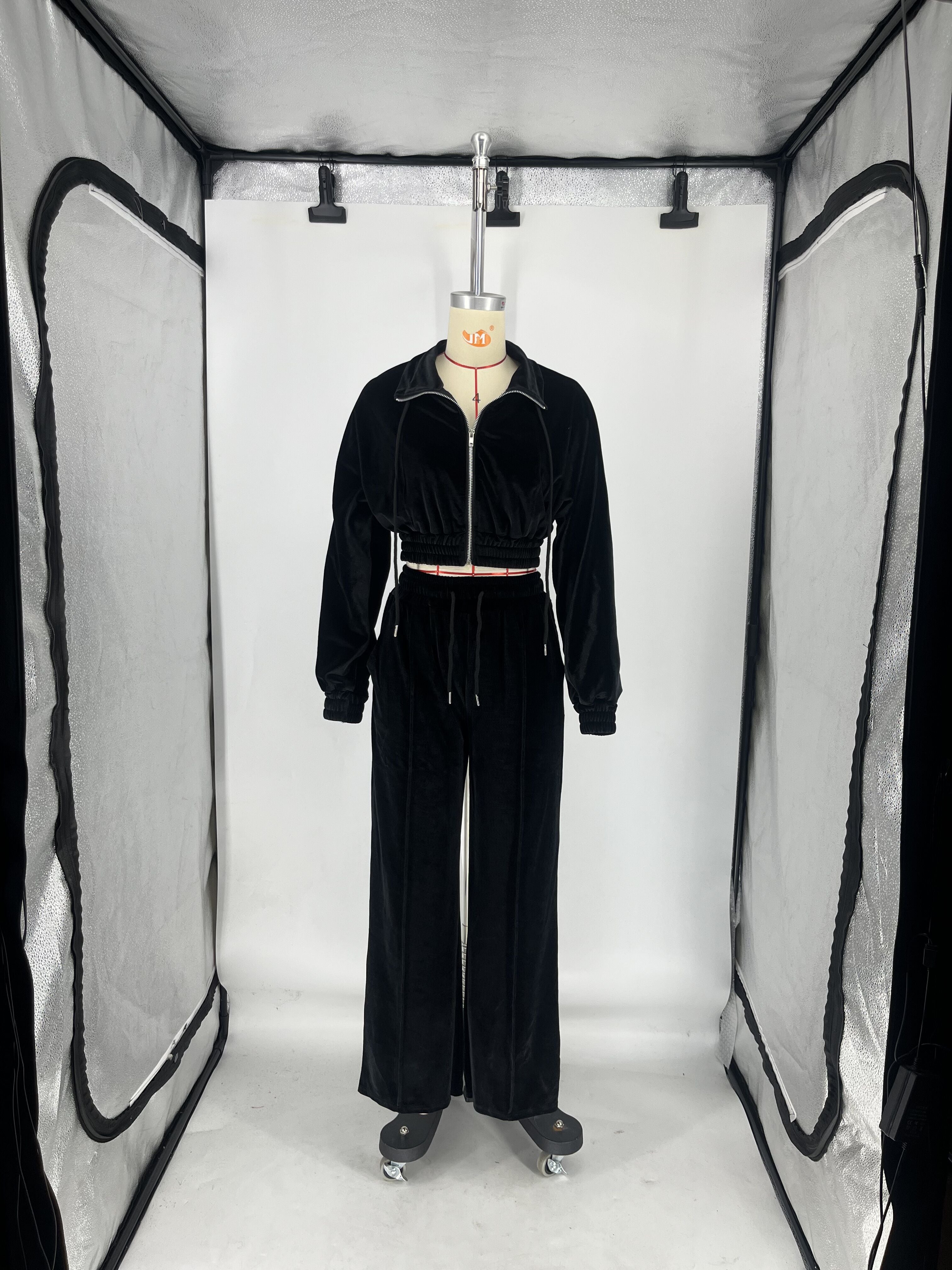 Women's Autumn And Winter Velvet Elastic Waist Zipper Jacket Pocket Trousers Suit 15