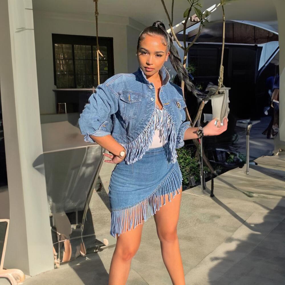 Women Denim Casual Stretchy Tassel Top and Skirt Two-Piece Set 5
