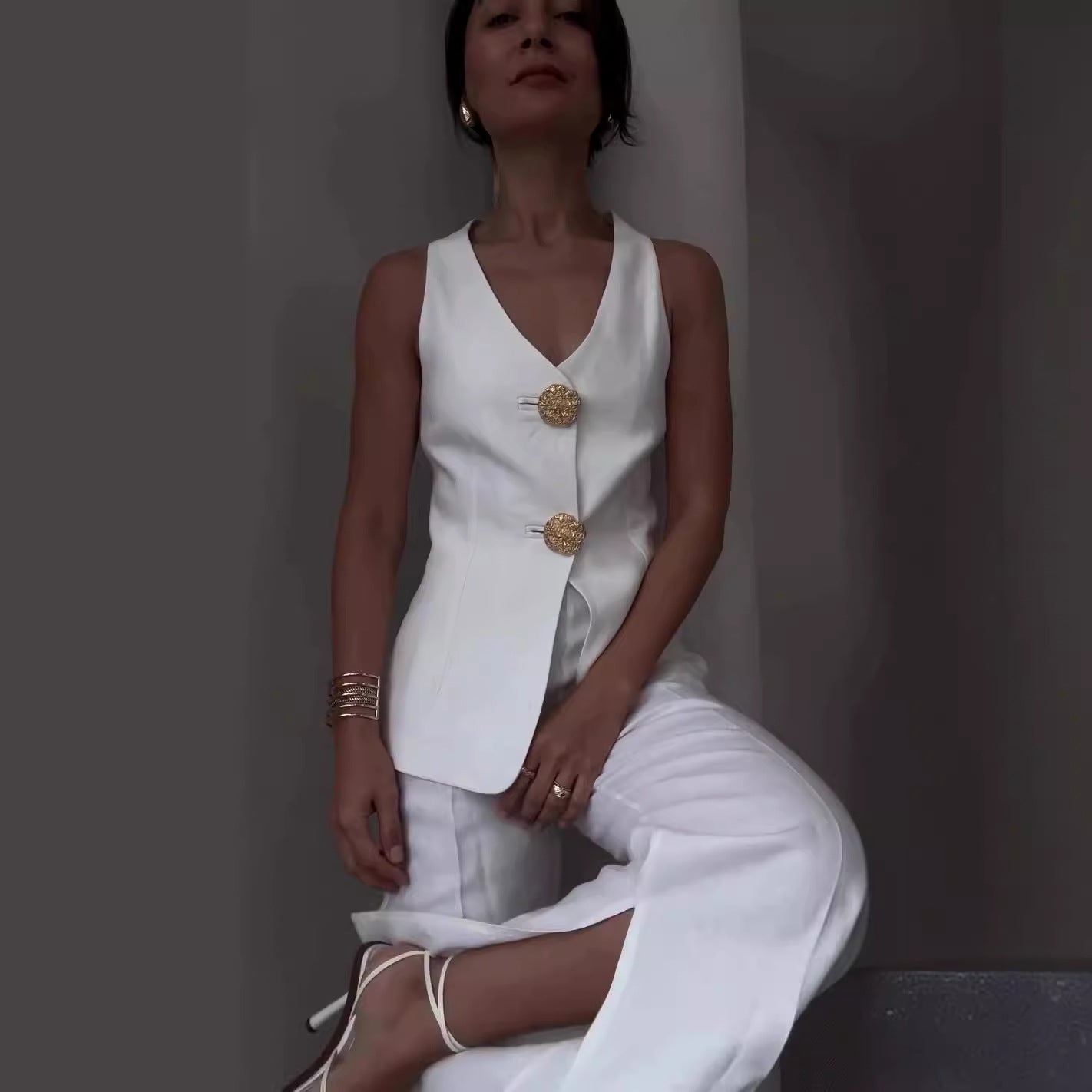 Women Summer Solid Sleeveless Vest And Pant Two-piece Set 5