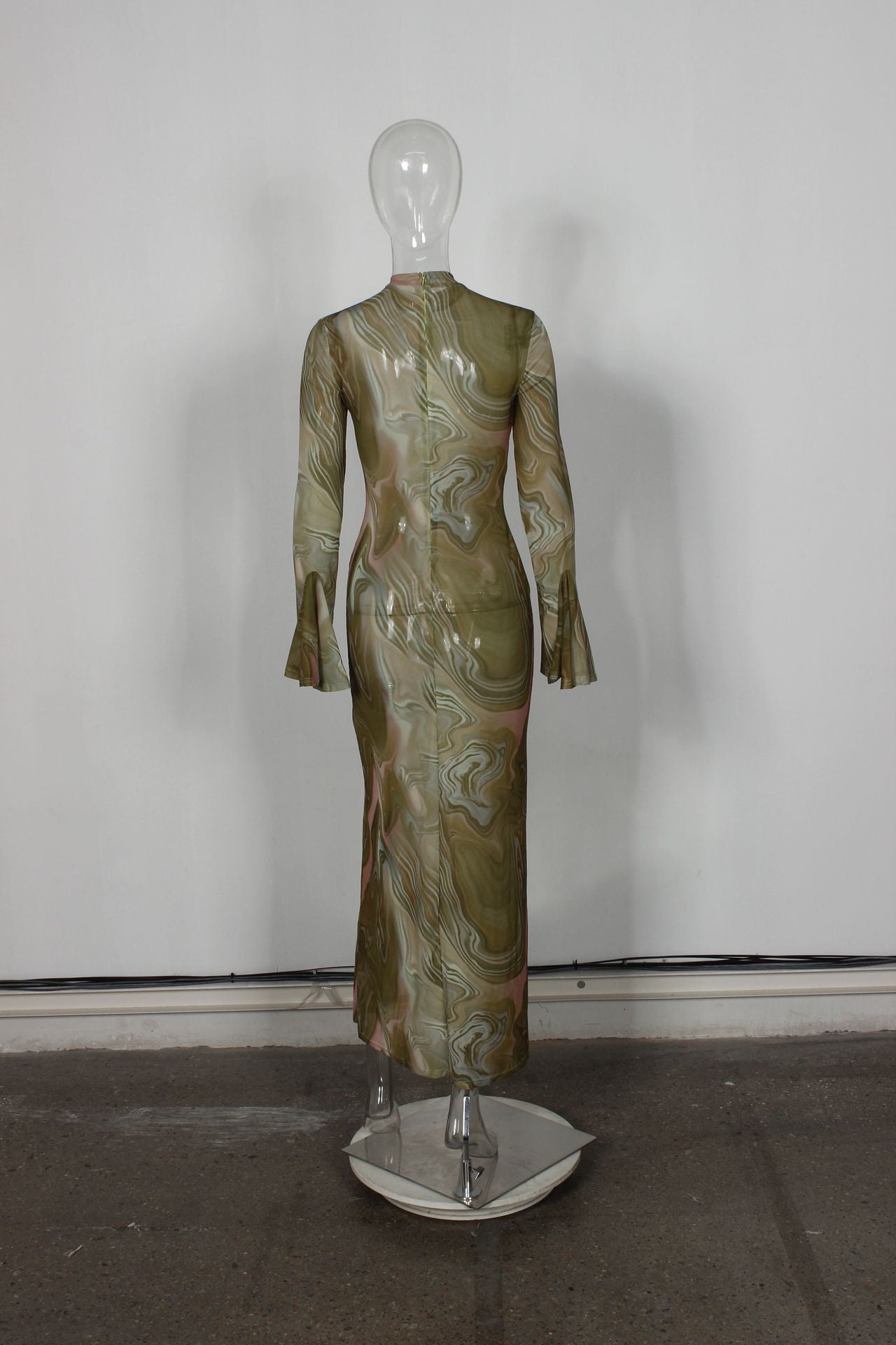 Print Mesh Bell Sleeve See-Through Dress 11