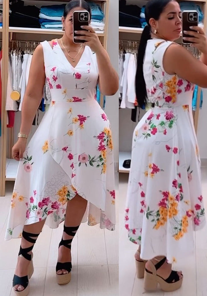 Summer Women Sexy Print V-neck Sleeveless Slit Dress