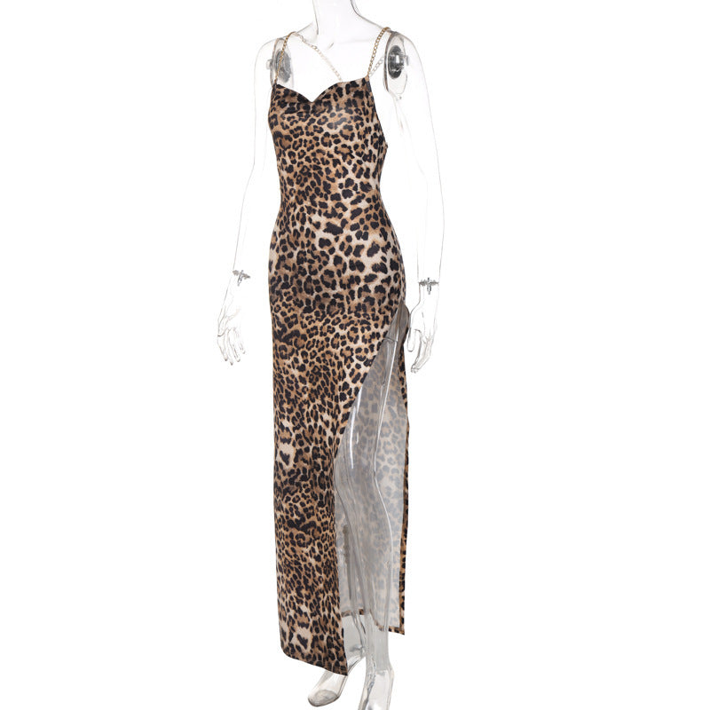 Women Chain Suspender Irregular Slit Leopard BacklessMaxi Dress 9