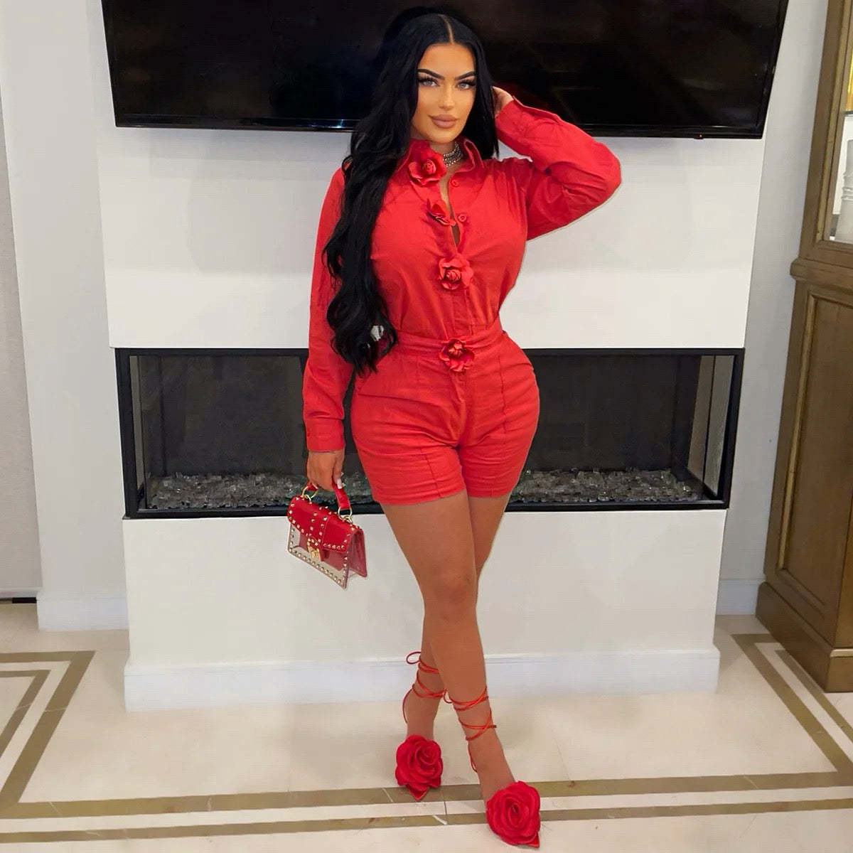 Summer Fashion Women's Solid Color Flower Long Sleeve Shirt Pocket Shorts Two-Piece Set