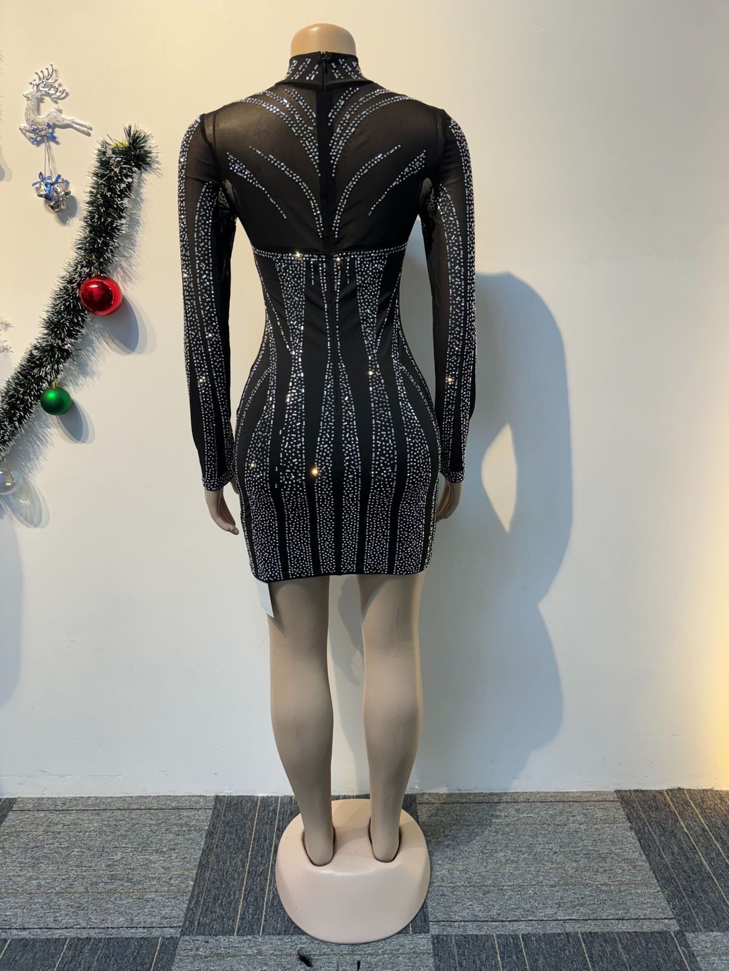 Sexy See-Through Beaded Mesh long sleeve Bodycon club dress 8