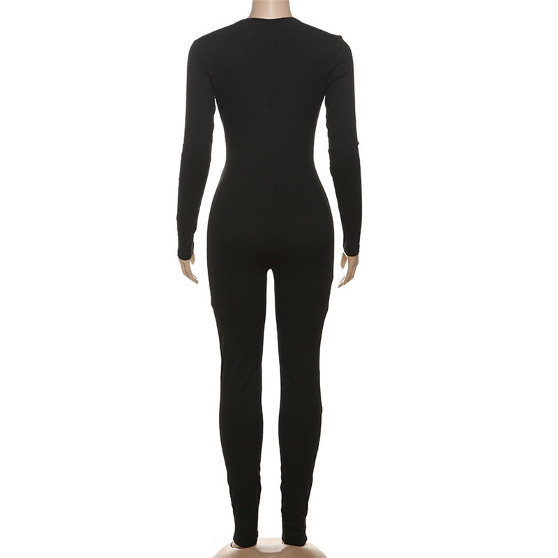 Autumn And Winter Sexy Deep V-Neck Hollow Tight Fitting Long-Sleeved Solid Color Sports Jumpsuit 6