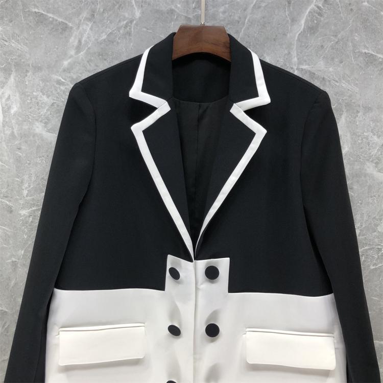 Women's Autumn Winter Coat Chic Black and White Colorblock Double Breasted Maxi Blazer