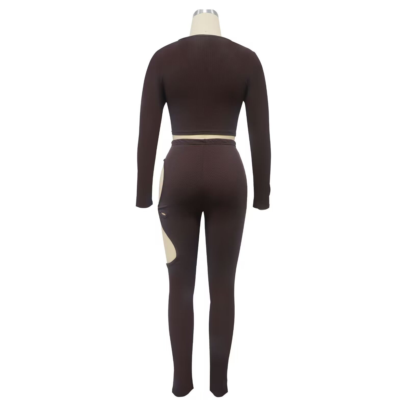 Fashionable Women's Solid Color High-Stretch Ribbed Sexy V-Neck Two-Piece Pants Set 11