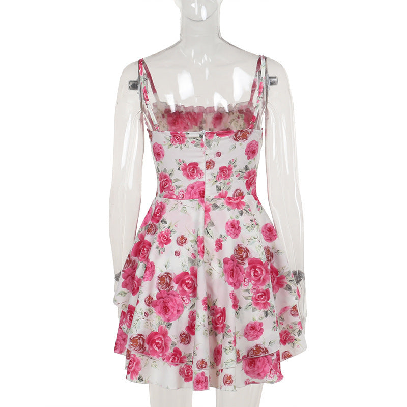 Women summer sexy rose print suspender dress 8