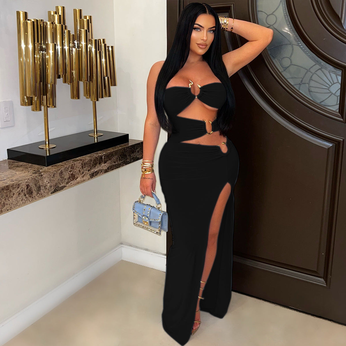 Women Sexy Cutout Metallic Patchwork Slit Bodycon Maxi Dress 10