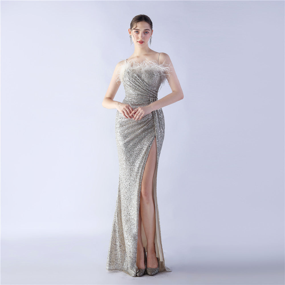 Sexy Feather Sequins Straps Side Slit Evening Dress 20