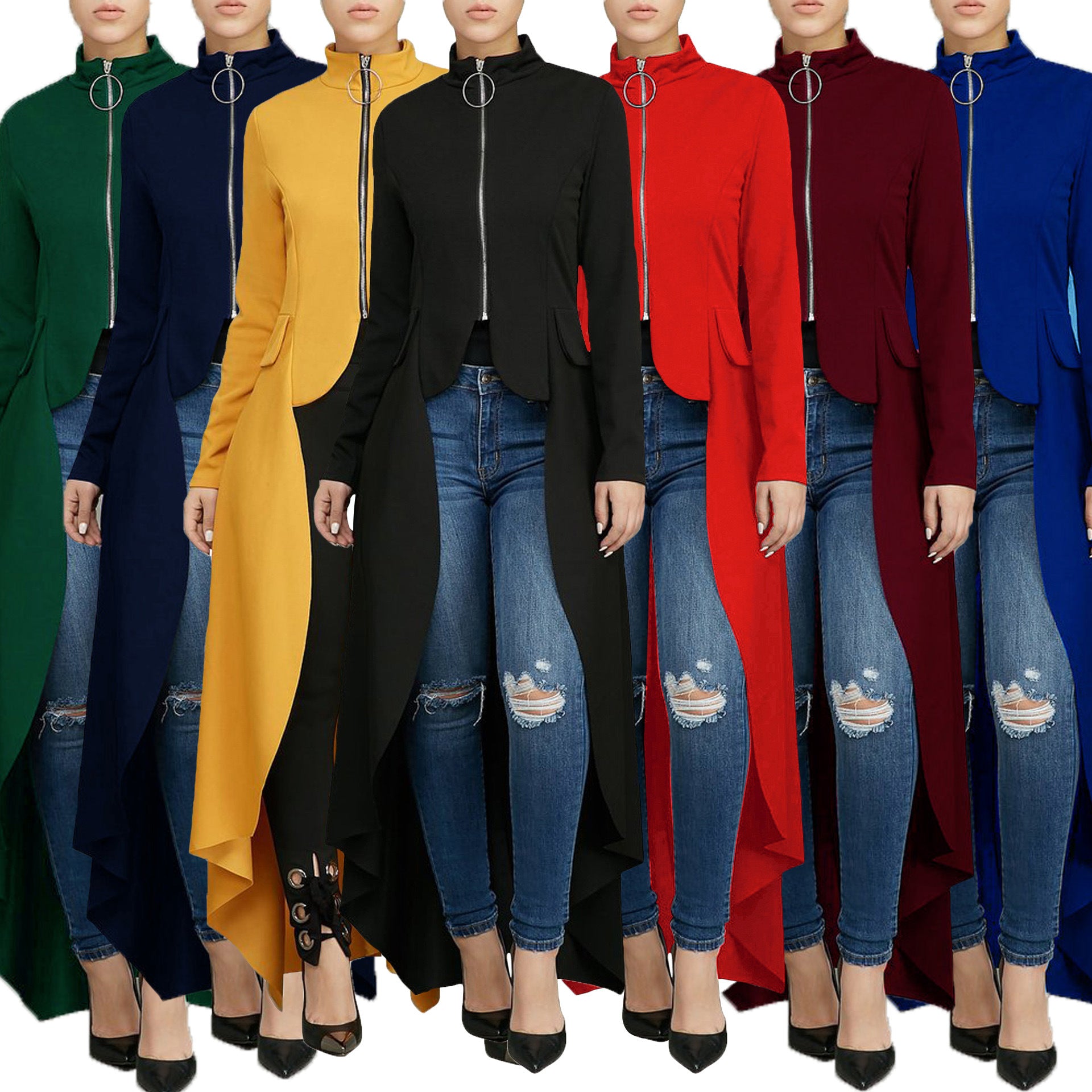 Spring Long-Sleeved High-Neck Slim Zipper Irregular Long Dress 34