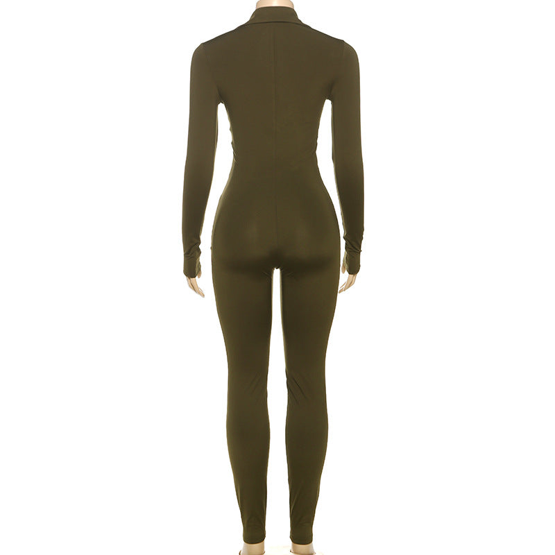 Spring Women's Sexy Tight Fitting V-Neck Long Sleeve Sports Casual Solid Color Jumpsuit 13