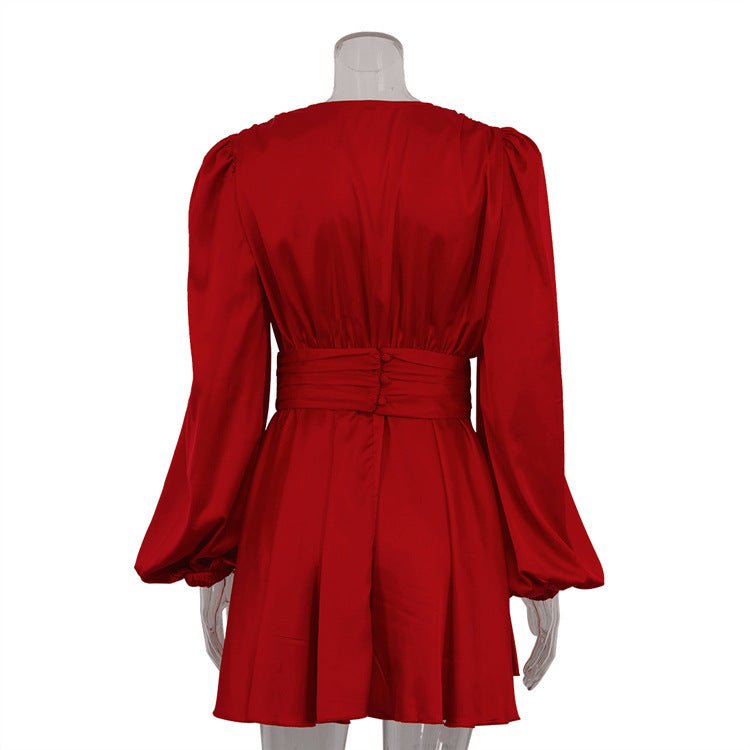 Women French pleated dress puff sleeve v-neck Belt dress 6