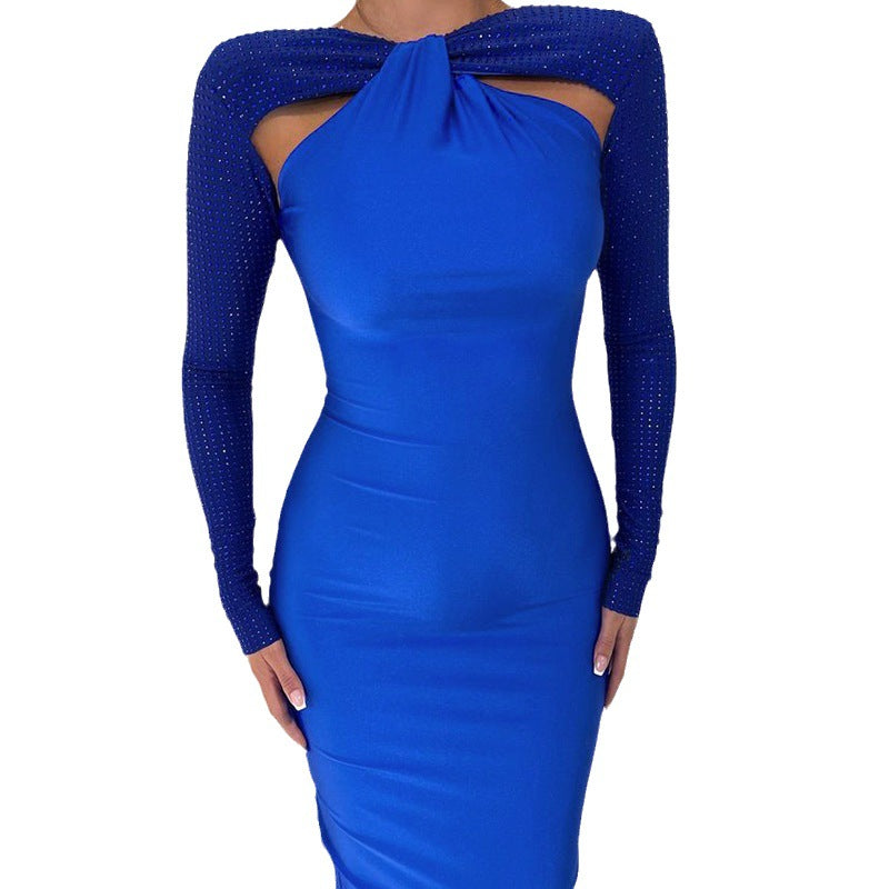 Autumn Sexy Tight Fitting Hollow Beaded Long Sleeve Patchwork Dress 8