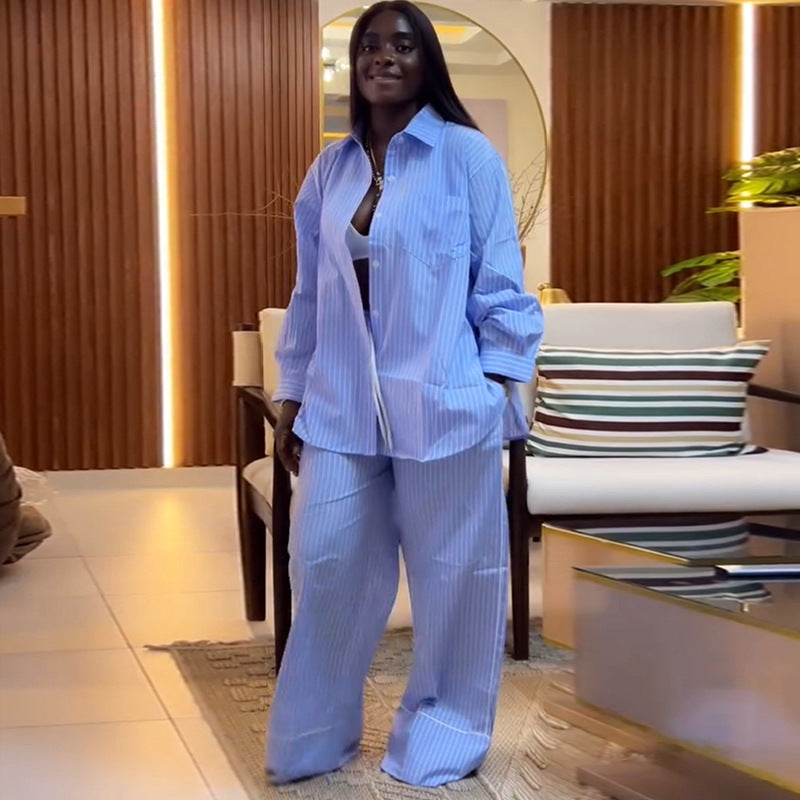 African Women's Summer Turndown Collar Loose Striped Shirt & Wide-Leg Pants Two Piece Set 9