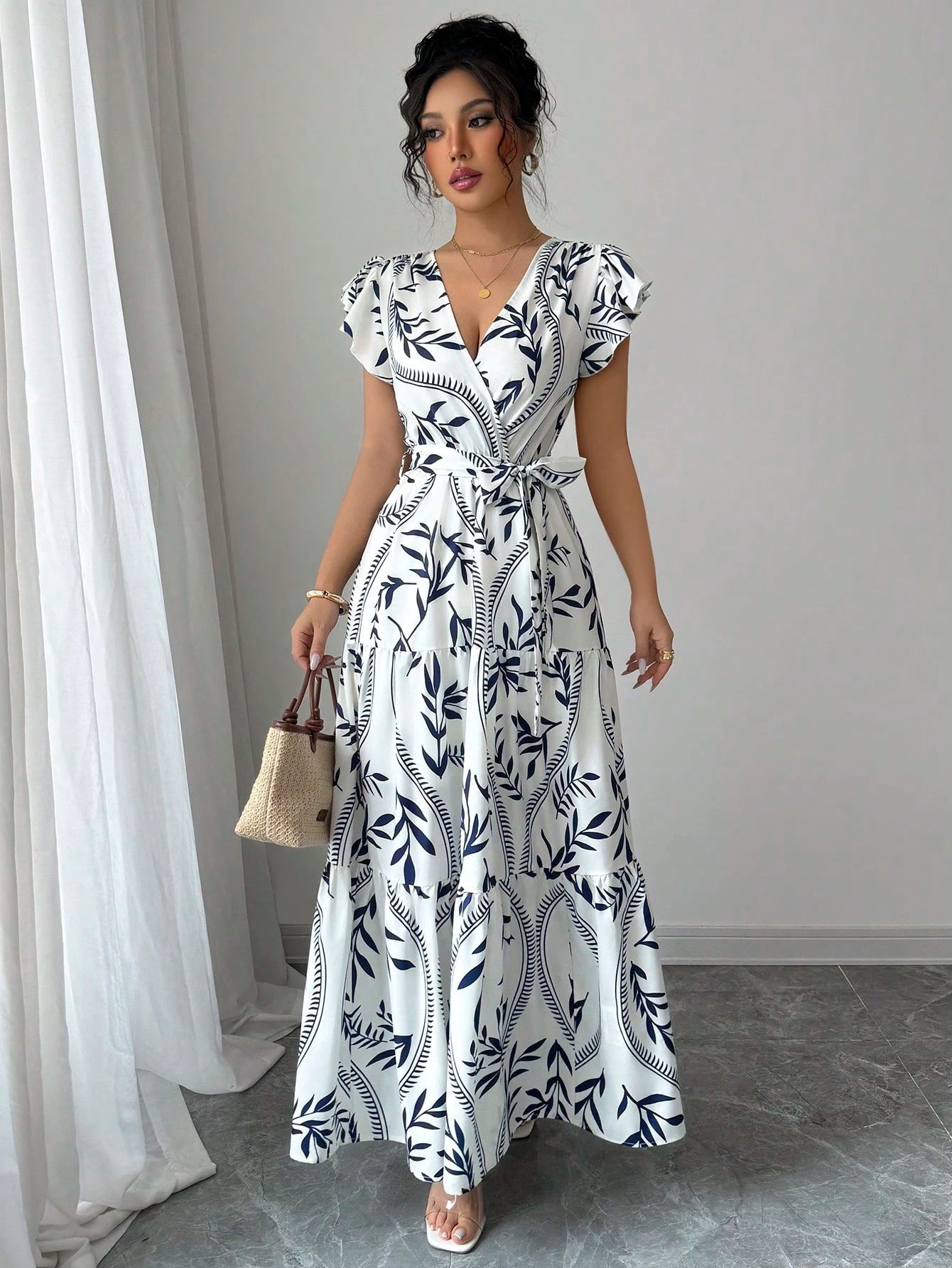 Women Spring/Summer Printed Ruffle V-Neck Sexy Maxi Dress