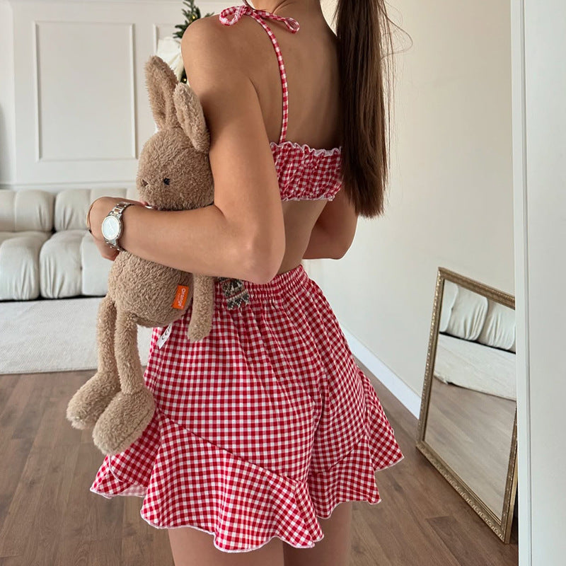 Pink Plaid Strap Two Piece Shorts Set 4