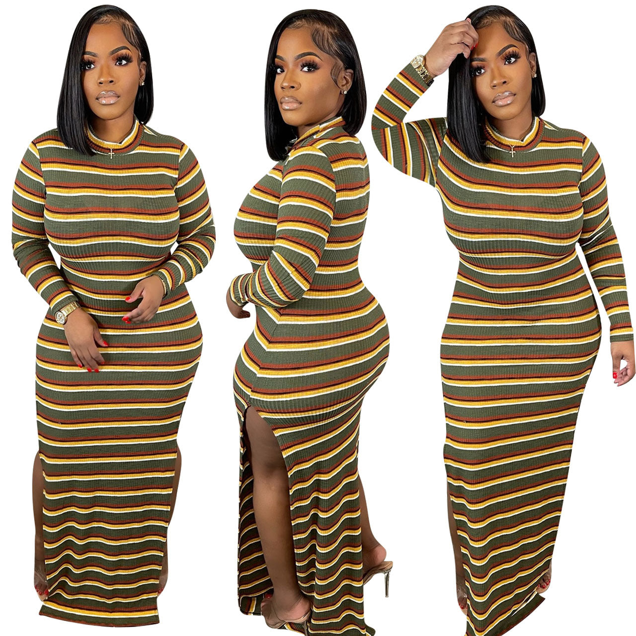 Women's Sexy Slit Ribbed Striped Dress