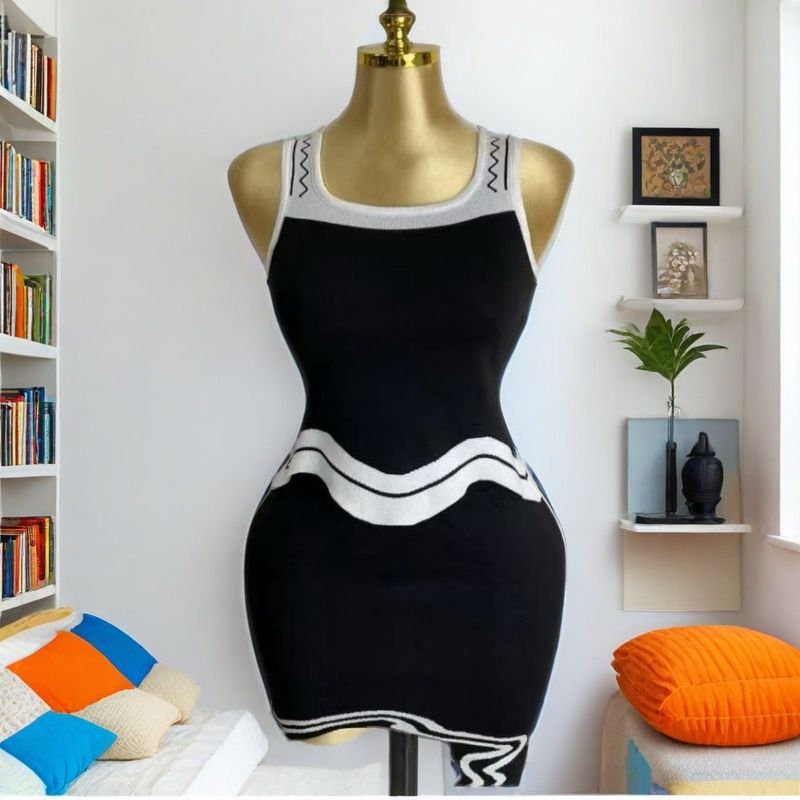 Women Knitting Striped Vest Wave Edge Hem Square Neck Irregular Sleeveless Top and Skirt Two-piece Set 10