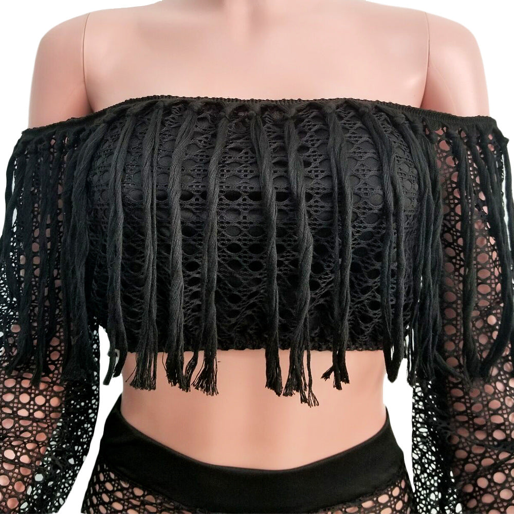 Summer Hollow Sexy Fashion Mesh Tassel See-Through Two-Piece Skirt Set 31