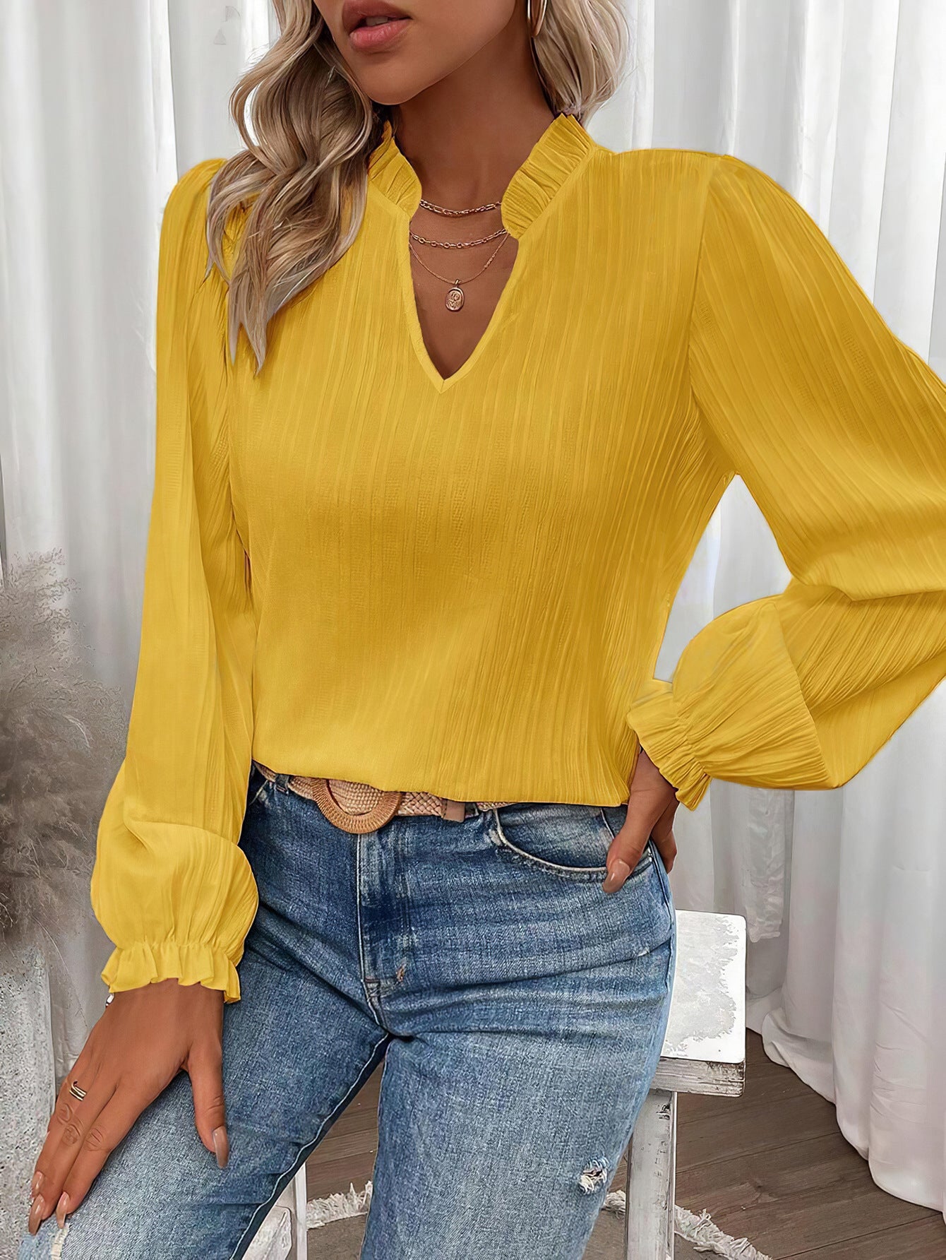 Women V-Neck Bell Bottom Sleeve Long Sleeve Shirt 5