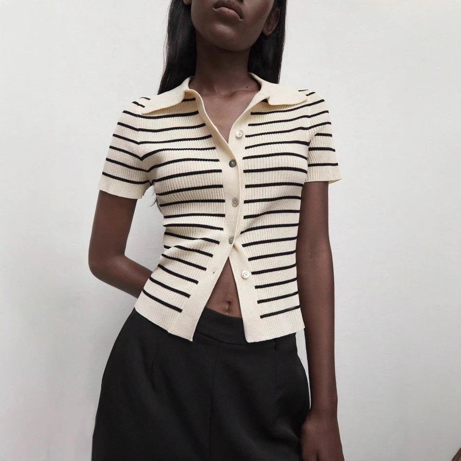 Autumn Winter Turndown Collar Slim Fit Striped Short Sleeve Women Knit Cardigan 6