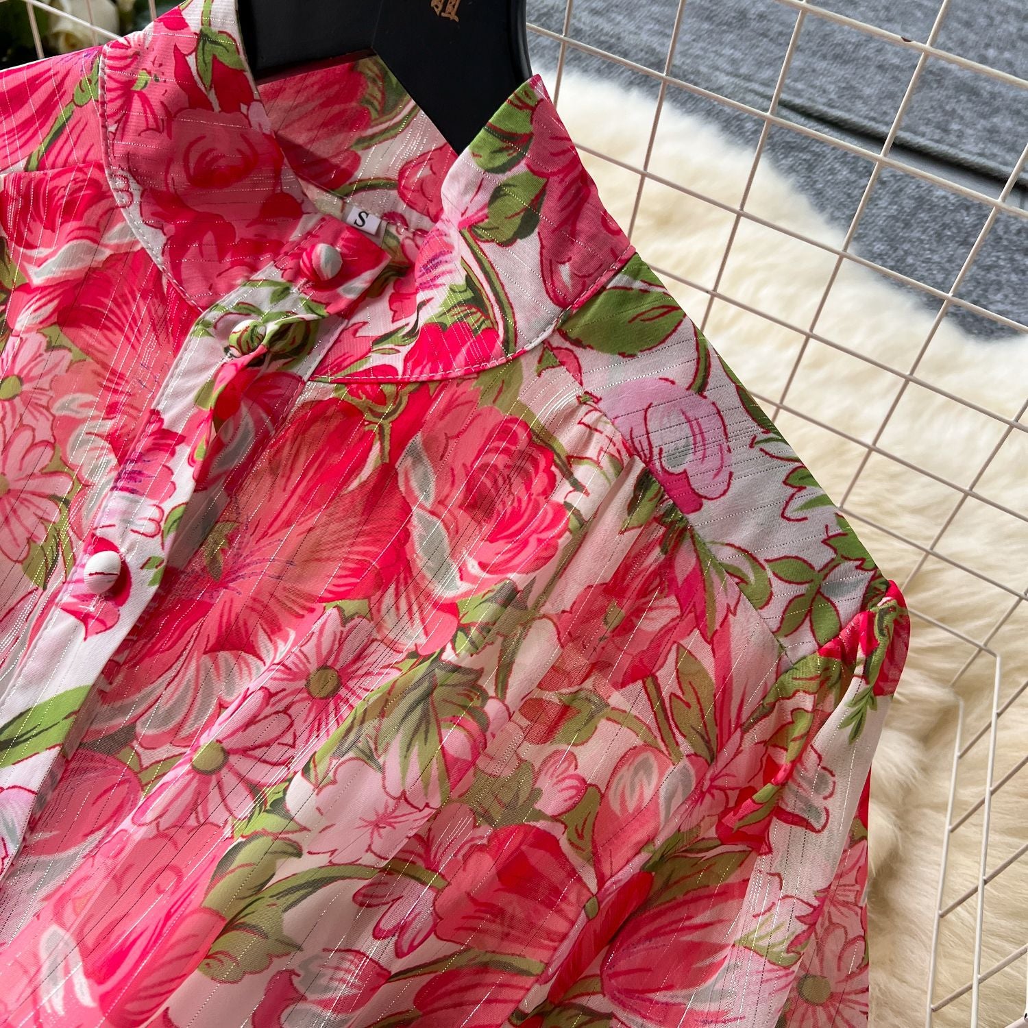 Printed Stand Collar Long-Sleeve Slim Waist Belt Chiffon Maxi Dress 14