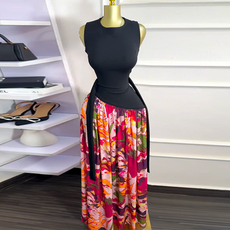 Women's Summer print Round Neck sleeveless high waist A-line long dress 4