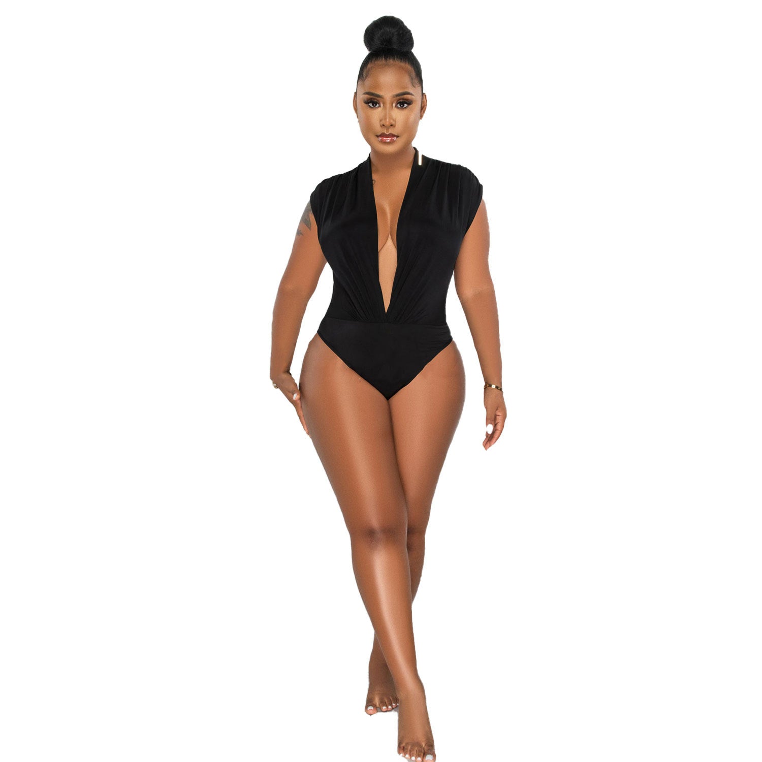 Sexy Solid Deep V-Neck Sleeveless Bodysuit And Skirt Two-Piece Nightclub Dress 12