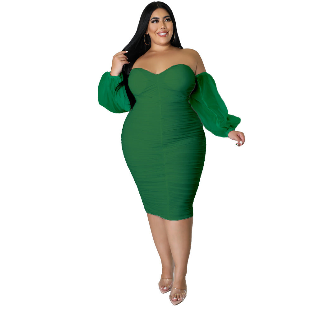Plus Size Women Mesh Pleated Long Sleeve Dress 15