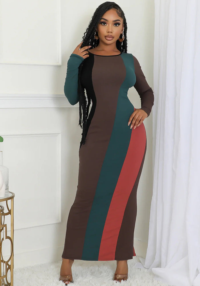 Women's Fashion Multi-Color Patchwork Long-Sleeved Ribbed Casual Dress