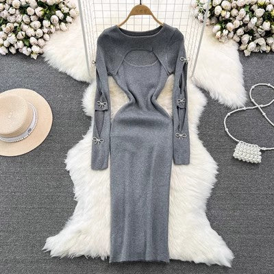 Autumn And Winter Sexy Long Sleeve Round Neck Hollow Slim Waist Slim Fit Knitting Bodycon Basic Dress 12
