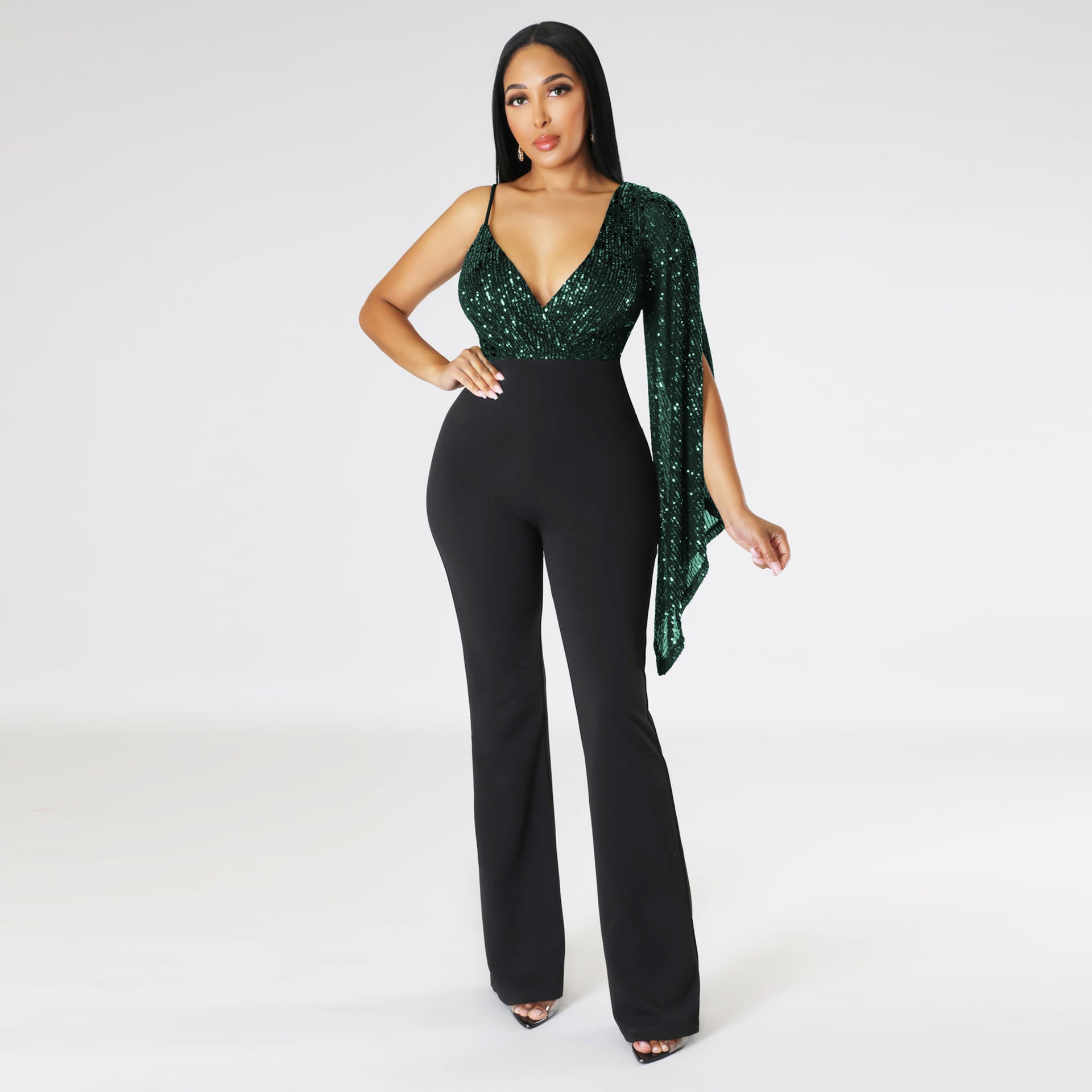 Trousers Sequined V-neck Strapless One Shoulder Cape Sexy Nightclub Jumpsuit 6