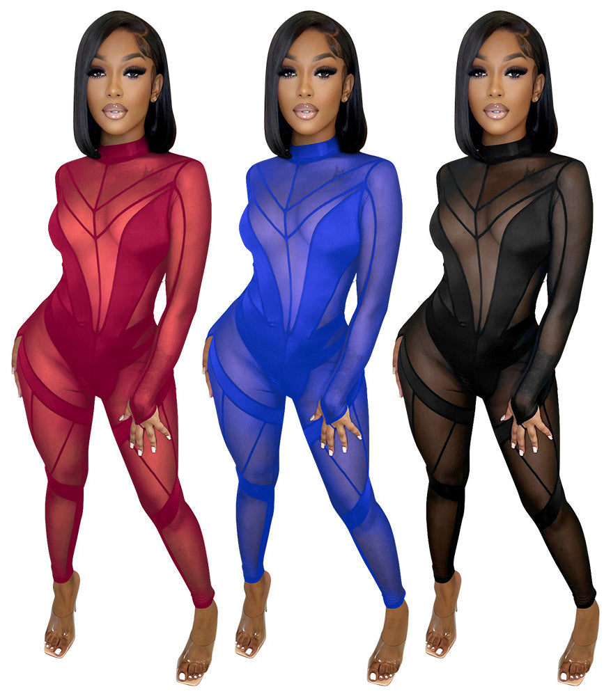 Women'S Mid Neck Sexy Long Sleeve See-Through Mesh Patchwork Jumpsuit